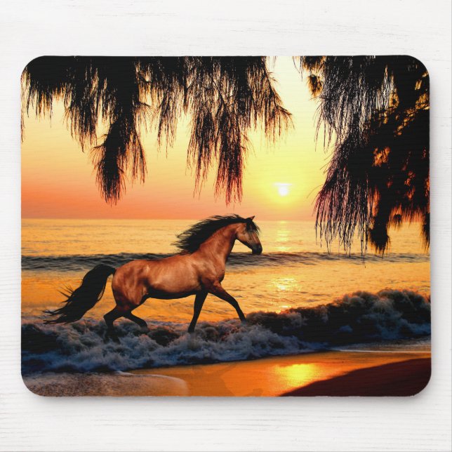 Mousepad Cavalo correndo na praia do pôr do sol (Frente)