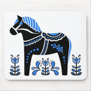 Mousepad Cavalo de Dala Preto/Branco/Azul Folk/Frísia Folk