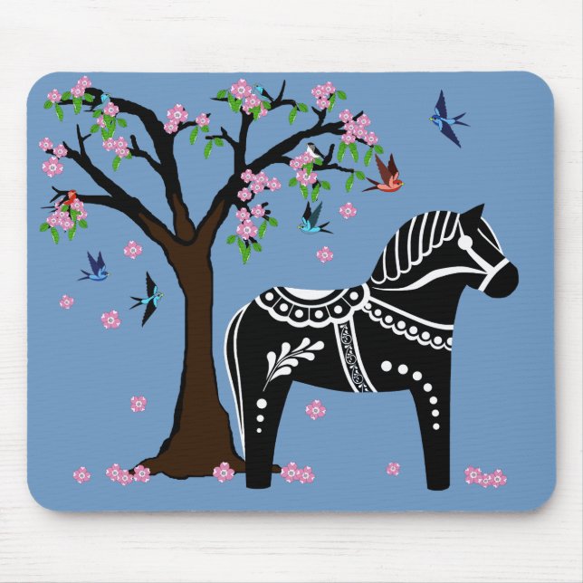 Mousepad Cavalo de Dala preto/branco foliar, Pássaro/flor (Frente)