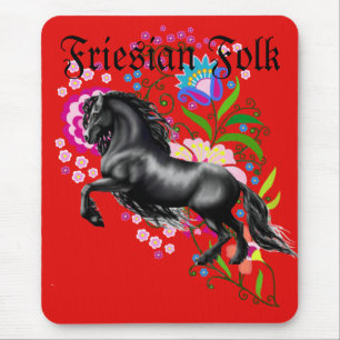 Mousepad cavalo de garanhão frísio, flores folhosas