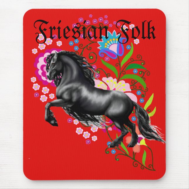 Mousepad cavalo de garanhão frísio, flores folhosas (Frente)