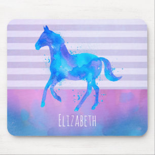 Mousepad Cavalo em azul e cor d'água púrpura personalizado