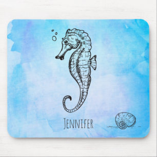 Mousepad Cavalo marinho e Seashell no costume azul da