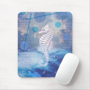 Mousepad Cavalo-Marinho Vintage Elegante Ondas do Oceano Az
