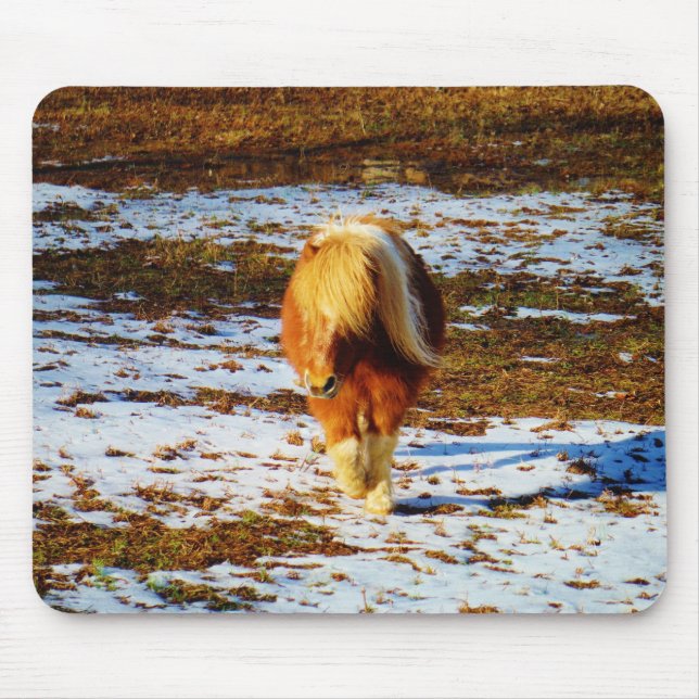 Mousepad Cavalo marrom e minúsculo creme na neve. (Frente)