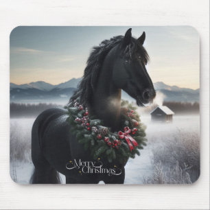 Mousepad Cavalo negro na neve com coroa de Natal