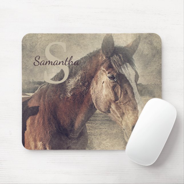 Mousepad Cavalo Quarto de Milha Rústico Monograma Nome Inic (Com mouse)