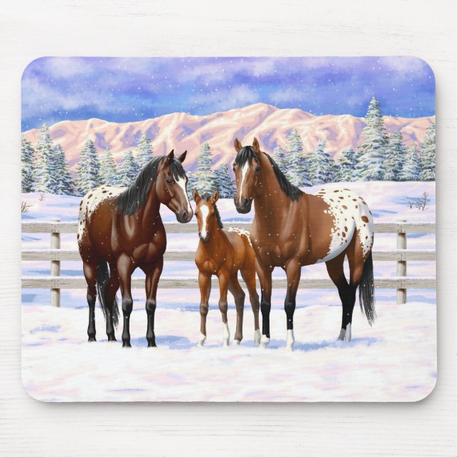 Mousepad Cavalos Appaloosa De Baía Castanha Em Neve (Frente)