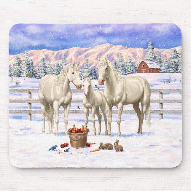 Mousepad Cavalos Brancos De Cremello Na Neve (Frente)