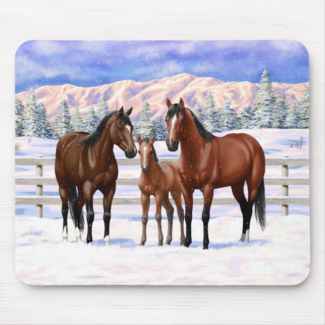 Mousepad Cavalos Do Quarto De Baía De Brown Em Neve (Frente)