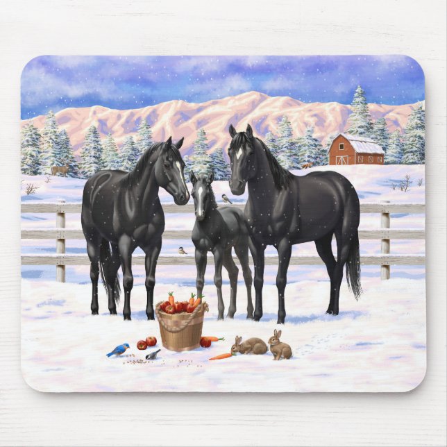 Mousepad Cavalos Do Quarto Negro Na Neve (Frente)