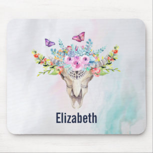 Mousepad Caveira Animal Boho com Borboletas e Flores