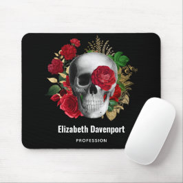 Mousepad Caveira do gótico com Flores Vermelhas e Folhas Do