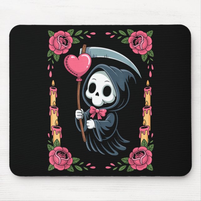 Mousepad Ceifeira Coração Balão Rosa Vela Sombrio Goth  (Frente)