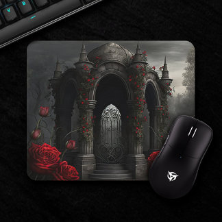 Mousepad Cemitério gótico Gazebo com Rosas vermelhas à noit
