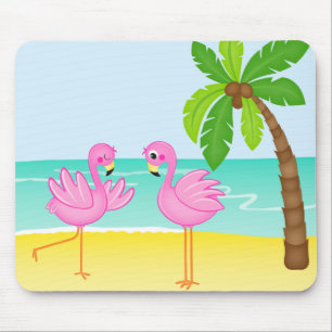 Mousepad Cena bonito da praia dos flamingos com palmeira