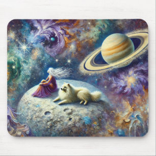 Mousepad Cena Cósmica Etérea com Mulher, Cachorro e Saturno