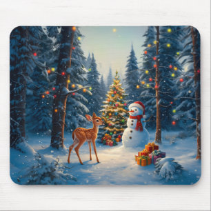 Mousepad Cena da Árvore de Natal Fofo Deer Fawn Snowman