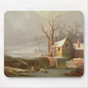 Mousepad Cena da neve com moinho e casas de campo
