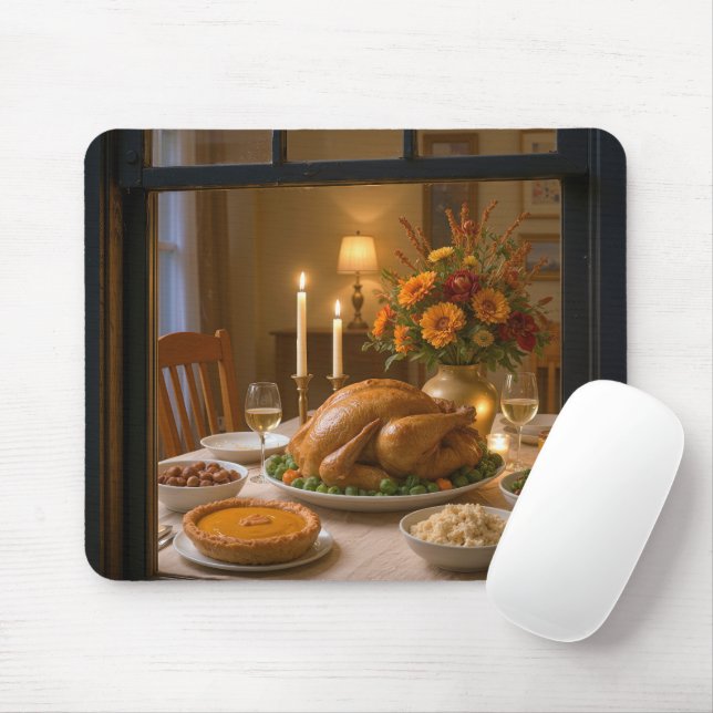 Mousepad Cena de Ação de Graças com Peru em uma Janela (Com mouse)