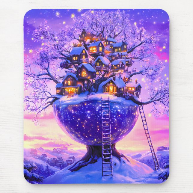 Mousepad Cena de aldeia de árvore nevada da fantasia de inv (Frente)