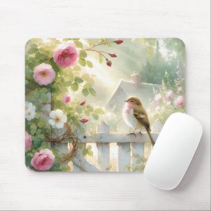 Mousepad Cena de Aquarela de Rosa de Jardim de Pássaro