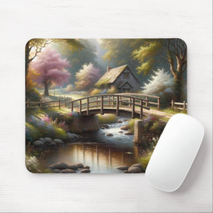 Mousepad Cena de Chalé de Cottagecore Spring Bridge