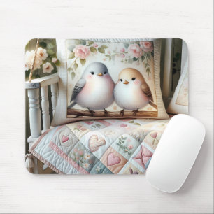 Mousepad Cena de Colcha Floral de Pássaros Amorosos Cottage