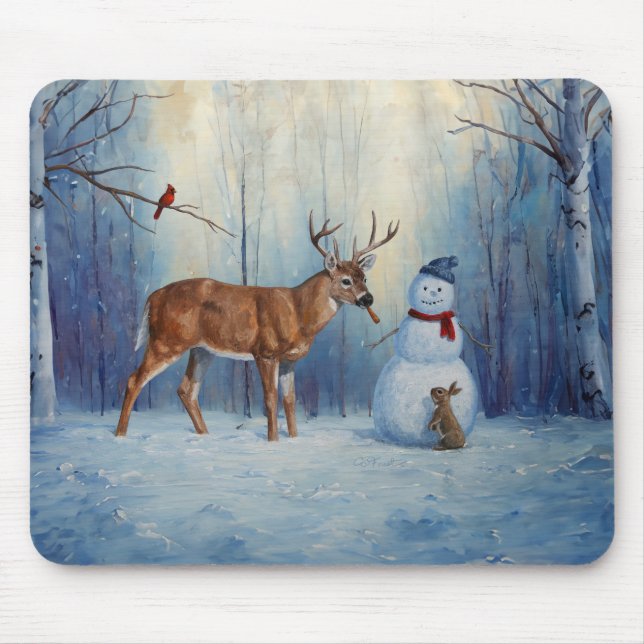 Mousepad Cena de Férias de Inverno Deer e Happy Snowman (Frente)