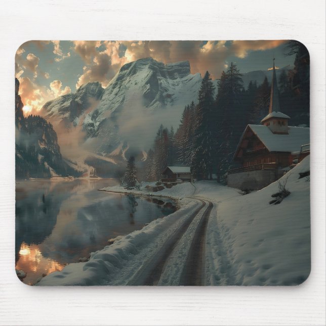 Mousepad Cena de inverno com edifícios em madeira (Frente)
