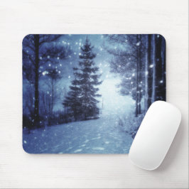 Mousepad Cena de inverno da Floresta Mágica Azul Lua