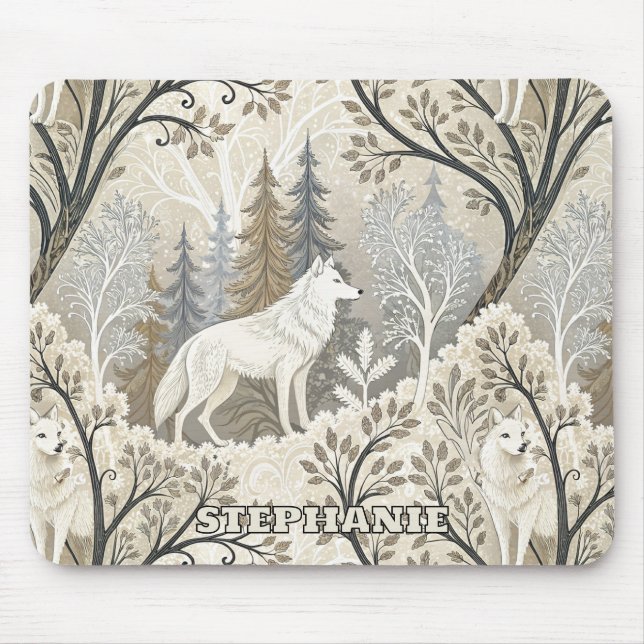 Mousepad Cena de inverno Tranquila com Lobos Brancos (Frente)