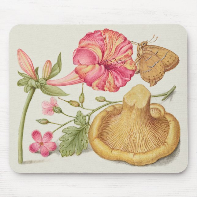 Mousepad Cena de jardim com flores, borboleta e cogumelo (Frente)
