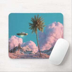Mousepad Cena de montanha surrealista com OVNI e palmeira