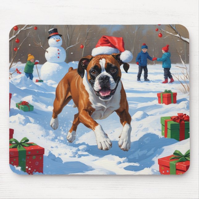Mousepad Cena de Natal com Cachorro Boxer na Neve (Frente)