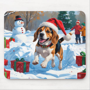 Mousepad Cena de Natal Festivo com Neve com um Beagle