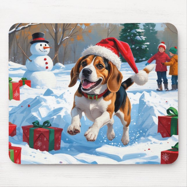 Mousepad Cena de Natal Festivo com Neve com um Beagle (Frente)