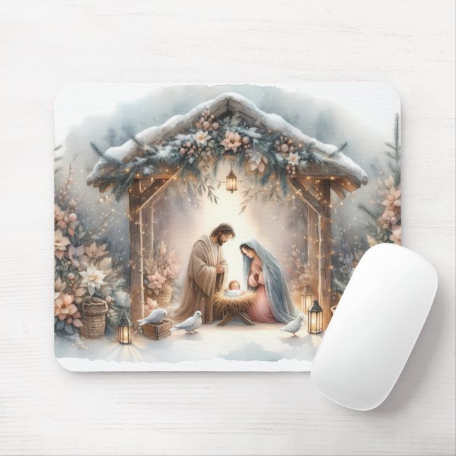 Mousepad Cena de Natividade Russa com Florais de inverno (Com mouse)