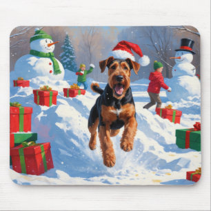 Mousepad Cena de Neve Festiva de Natal Airedale