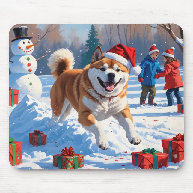 Mousepad Cena de neve festiva de Natal Akita (Frente)