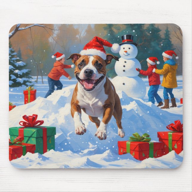Mousepad Cena de neve festiva de Natal com Bull Terrier (Frente)