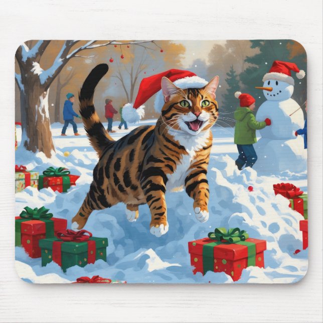 Mousepad Cena de neve festiva de Natal com gato Bengal (Frente)