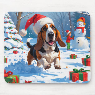 Mousepad Cena de neve festiva de Natal do Basset Hound