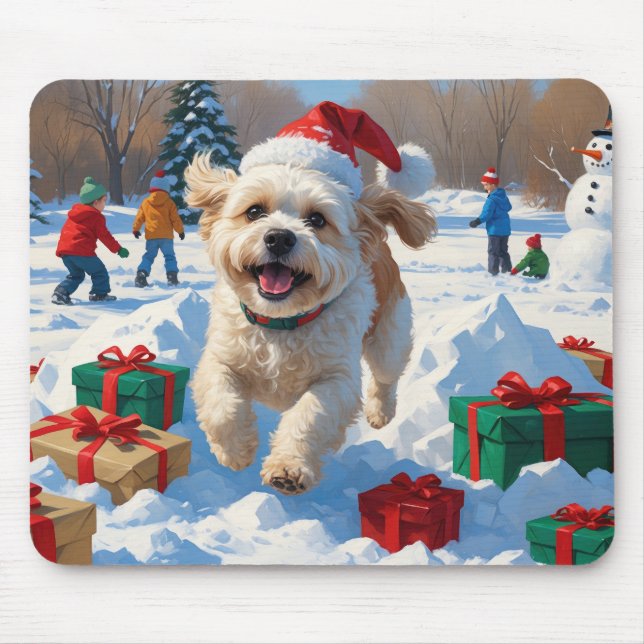 Mousepad Cena de neve festiva de Natal do Bichon Frise (Frente)