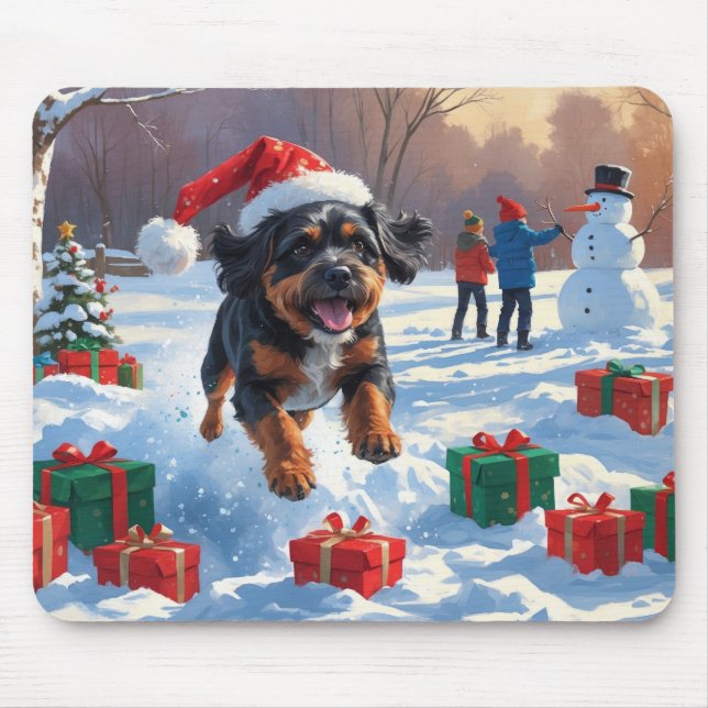 Mousepad Cena de neve festiva de Natal dos Bouviers des Fla (Frente)