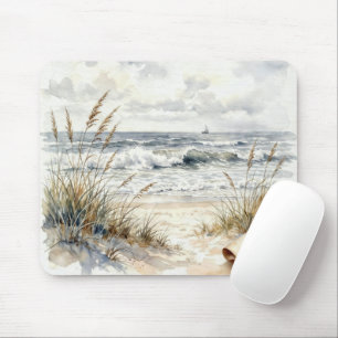 Mousepad Cena de Praia em Aquarela com Página Enrolada