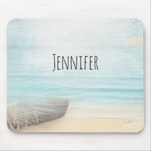 Mousepad Cena de Praia Náutica com Rowboat e Rede de Pesca