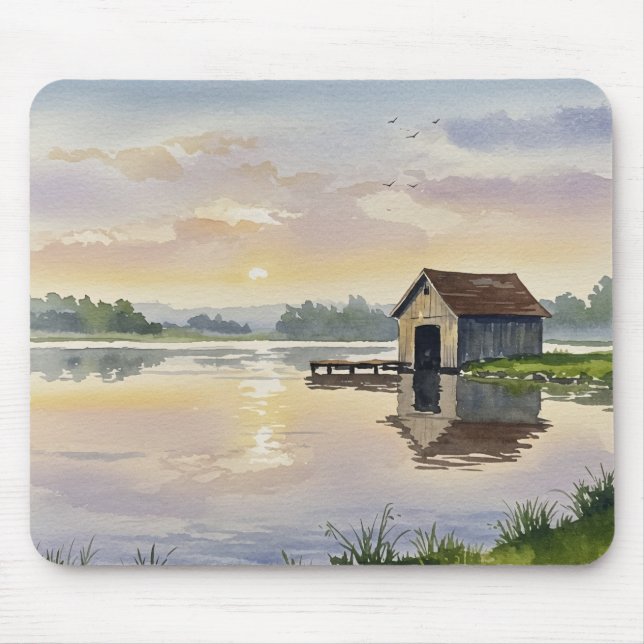 Mousepad Cena de tranquilidade da cabana no dock do lago ao (Frente)