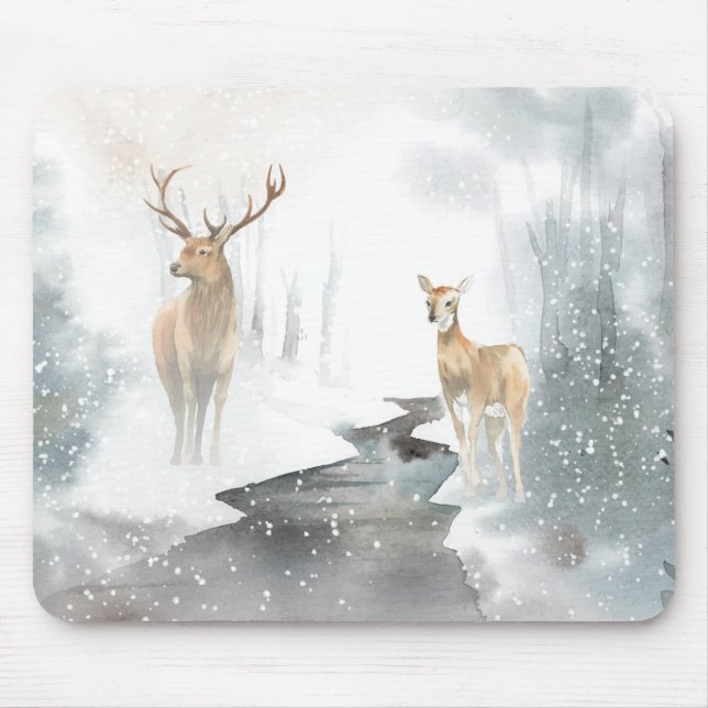 Mousepad Cena de Veado de inverno com Aquarela (Frente)