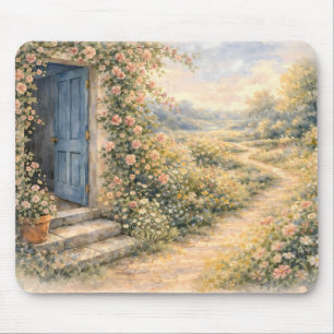 Mousepad Cena do Caminho Floral da Porta Azul do Jardim da 